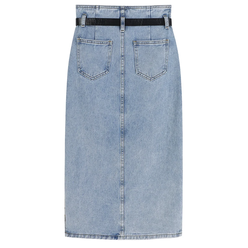 

[EAM] High Waist Blue Denim Bandage Slit Temperament Long Half-body Skirt Women Fashion Tide New Spring Summer 2021 1DD8730