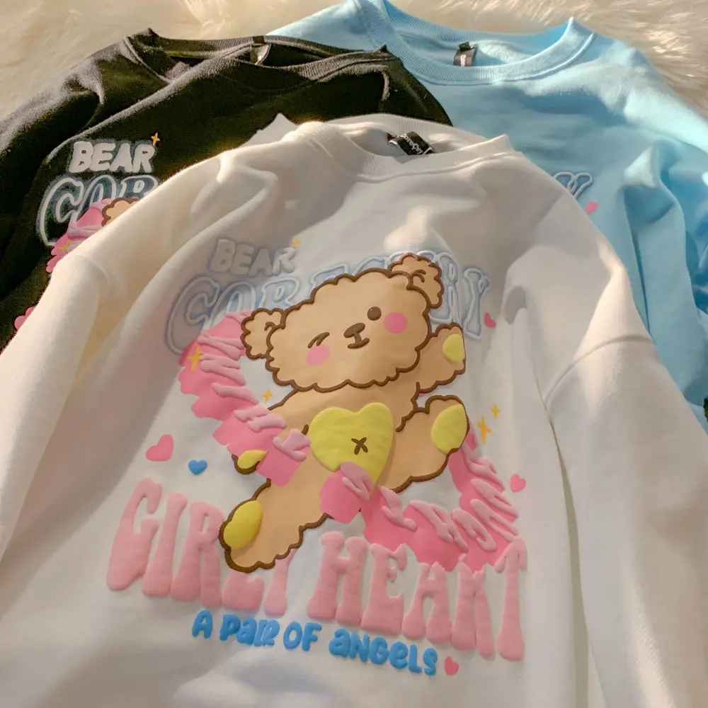 

Женский свитшот в стиле Харадзюку, свитшот с забавным принтом медведя и букв, топы с длинным рукавом, корейская мода, кавайная одежда для подростков, осень 2021