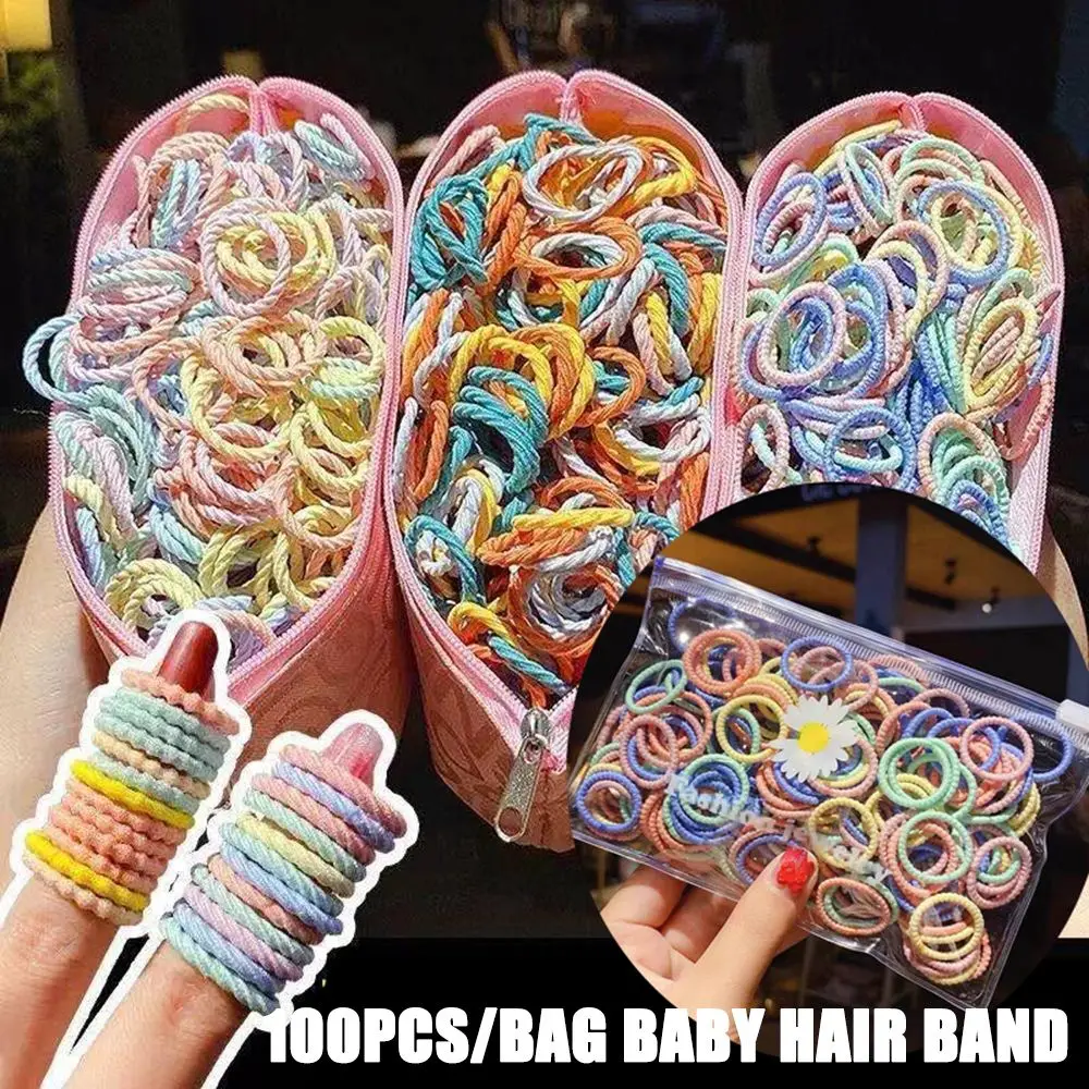 

100PCS/Bag Children Hair Ties Elastic Hair Rope Baby Kids Hair Bands Colorful Lovely Scrunchies Rubber Hair Accesorries