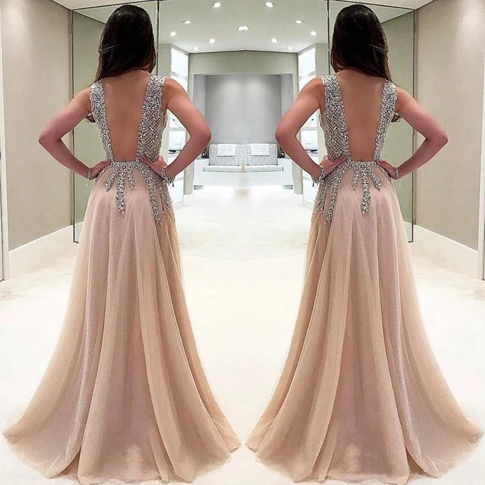 

Fashion V-Neck Tulle Sequins Prom Dresses 2021 Beading Crystal Women Party Long Vestidos Gala Backless Split Robes Evening Gowns