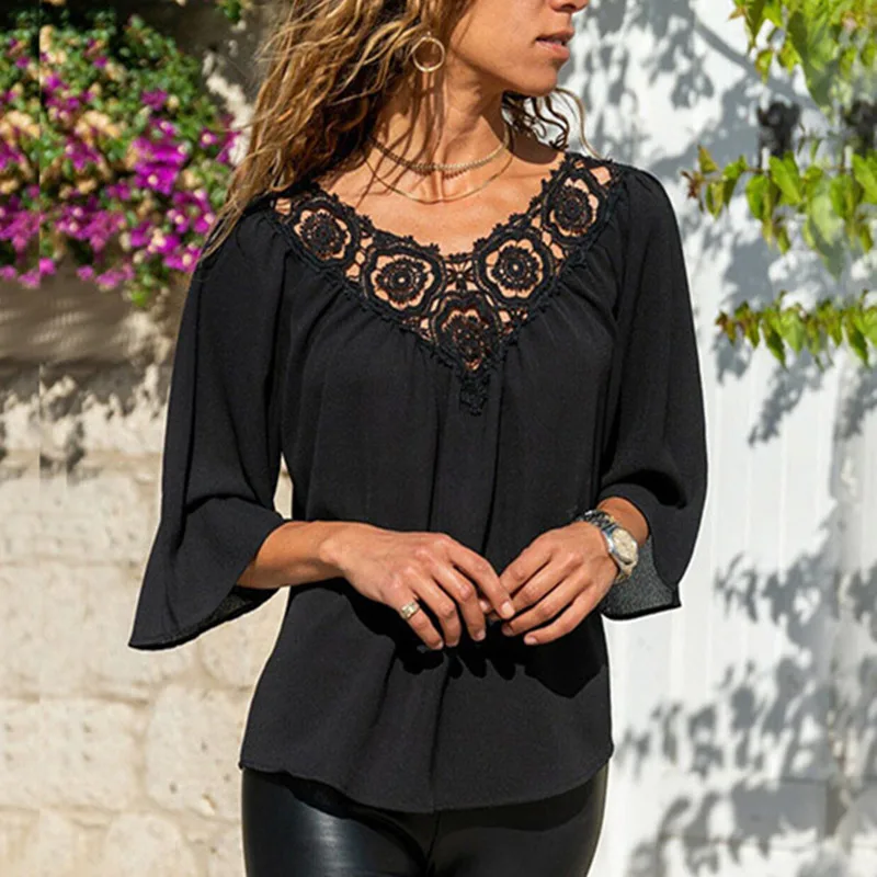 Женские шифоновые блузки кружевная Лоскутная Женская блузка с v образным вырезом