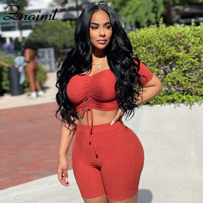 

Znaiml Women 2 Two Piece Pants Set Short Sleeve Bodycon Crop Tops High Waist Skinny Shorts Suit Summer Casual Joggers Femme Set