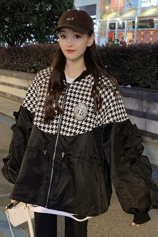 

Houndstooth Stitching Long-Sleeved Coat for Women Autumn and Winter Thickened All-Matching Loose Korean Style Baseball Uniform