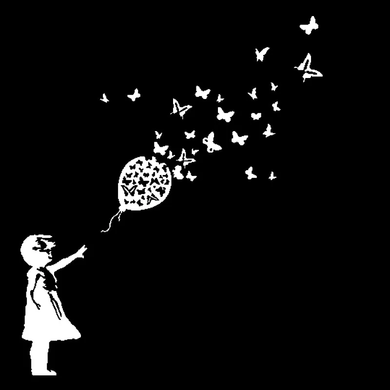 Декоративные наклейки для автомобиля "Девочка с бабочкой на воздушном шаре", персонализация, ПВХ, водонепроницаемые, черно-белые, 16 x 14 см.