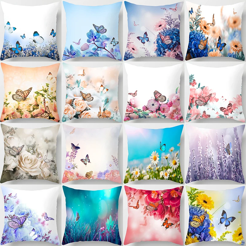 1Pcs Butterfly Flower Pattern Polyester Cushion Cover 45*45cm Decorative Pillows For Seat Car Home Sofa Bed Decoration 40849