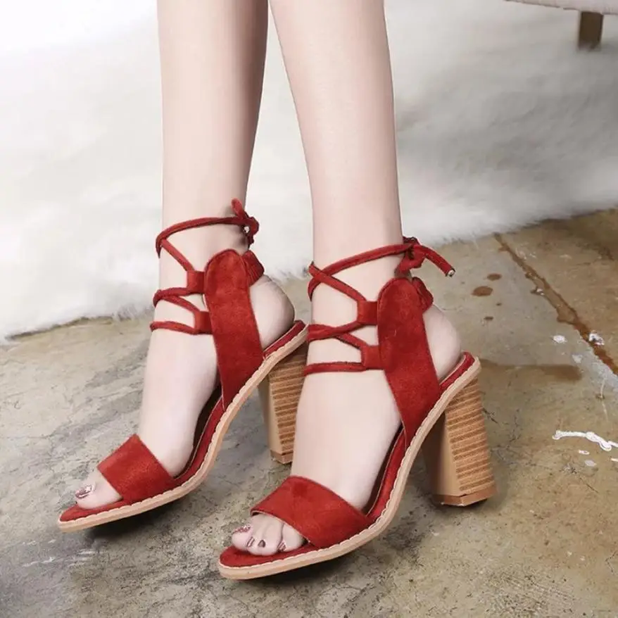 

FashionSexy Women Pumps Open Toe Lace up Heels Sandals Woman sandals Thick with Women Shoes women High heels chaussures #A35