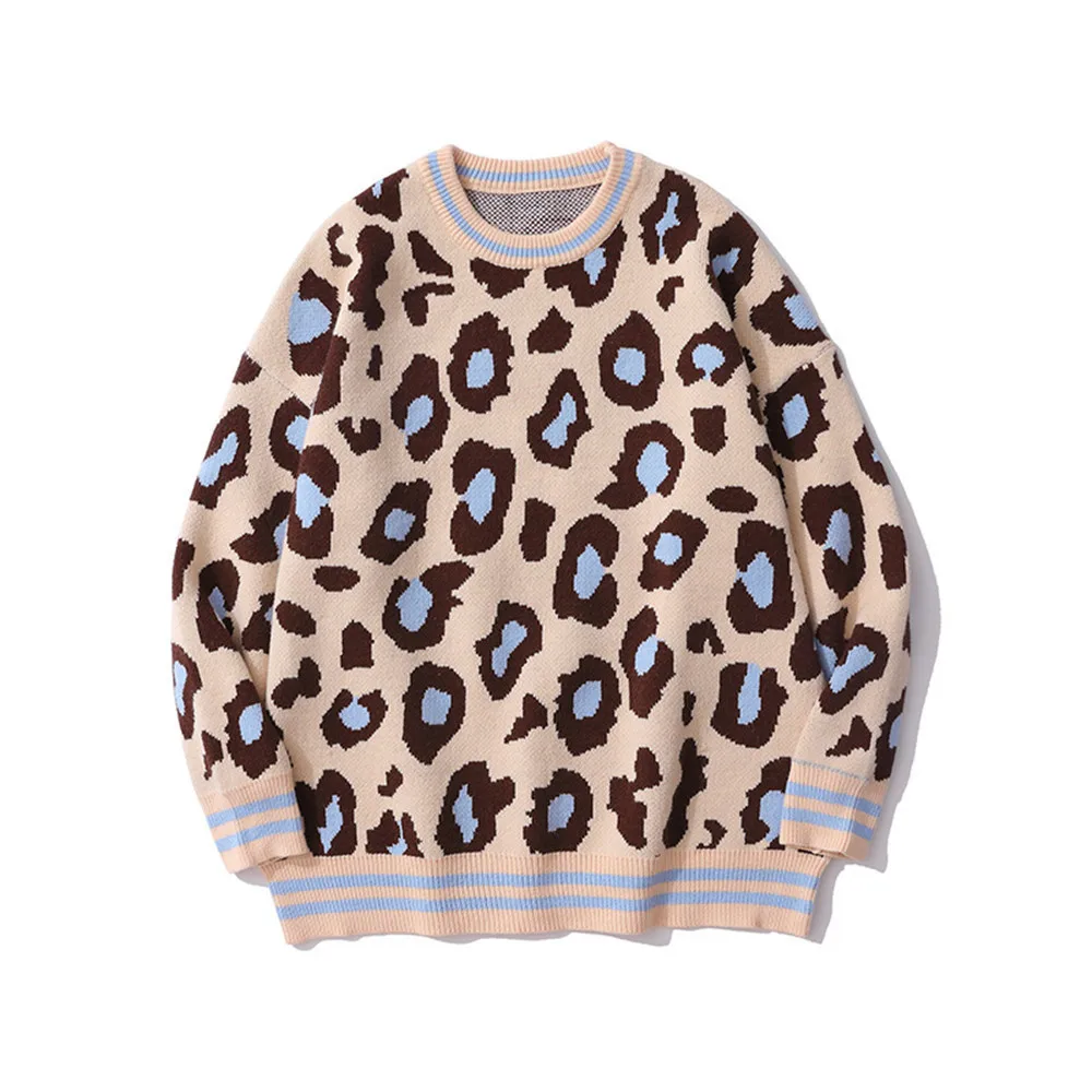 

Leopard Print Full Jacquard Sweater Men Lazy Fashion Loose Round Neck Knitting Sweater Autumn Winter Brand Long Sleeve Pullover