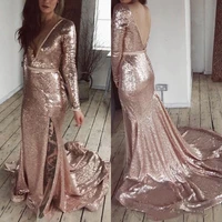 2022 deep v neck rose gold sequined mermaid prom dresses long sleeves side split sexy backless formal evening gowns party dress