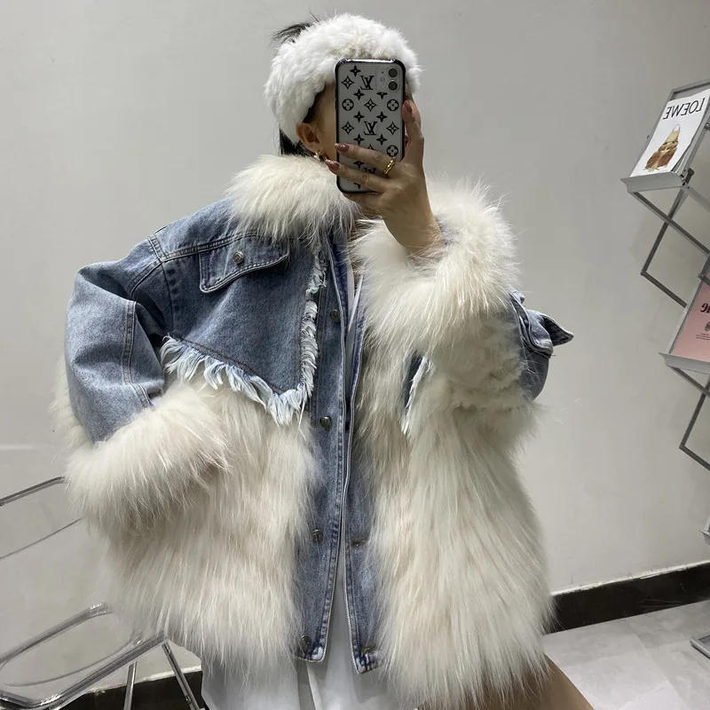 Enlarge Winter Denim Jacket with Fur Women Real Raccoon Dog Fur Collar Patchwork Ladies Jackets Parka Female Single Breasted Outwear
