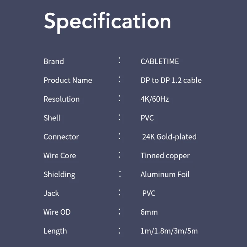 

CABLETIME DP to DP Cable 4K 60Hz Displayport 1.2 Blue Adapter for Display devices Projector Laptop PC DP Cable N400