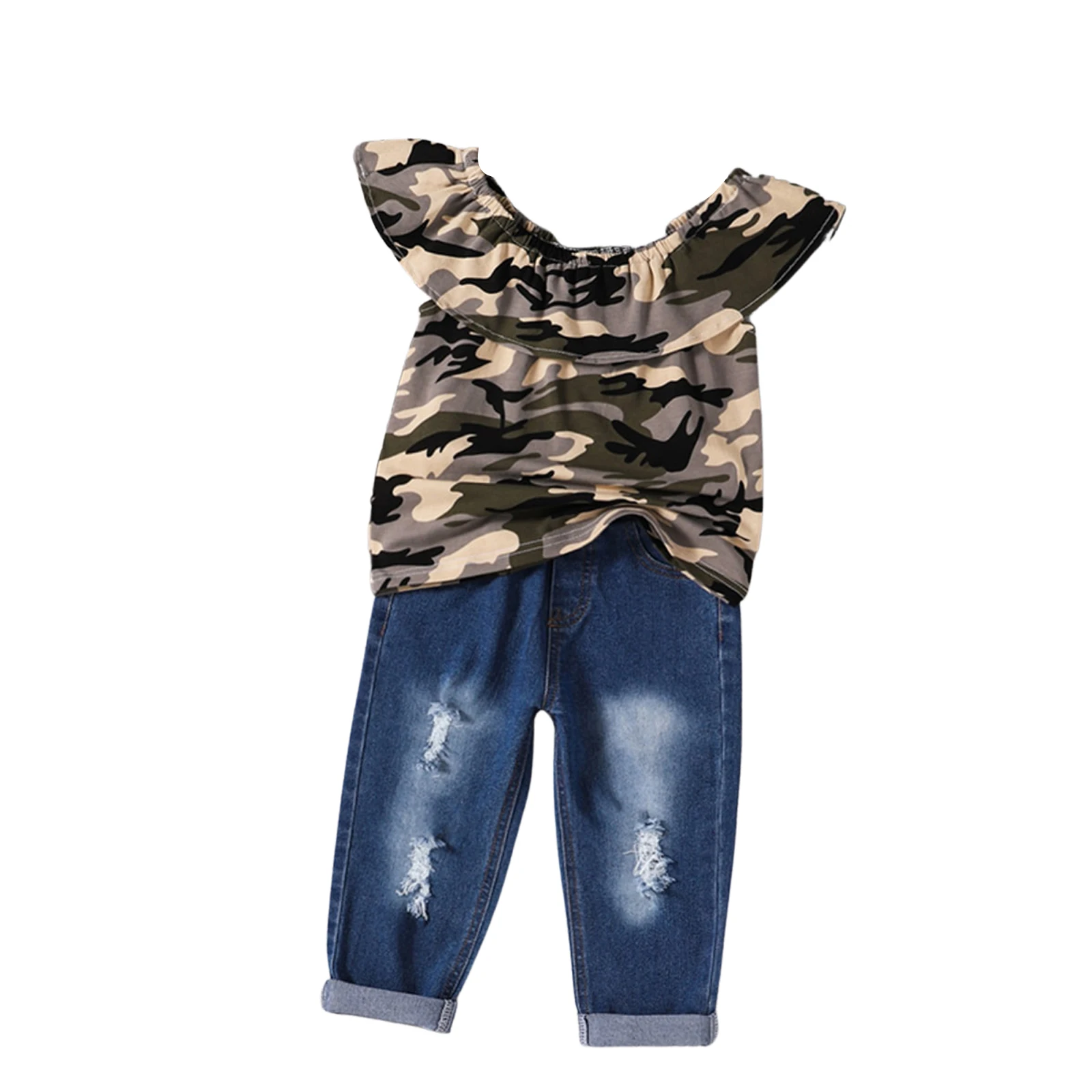 

Toddler Girls 2Pcs Summer Outfits, Camouflage Ruffle Tops + Ripped Denim Pants Set