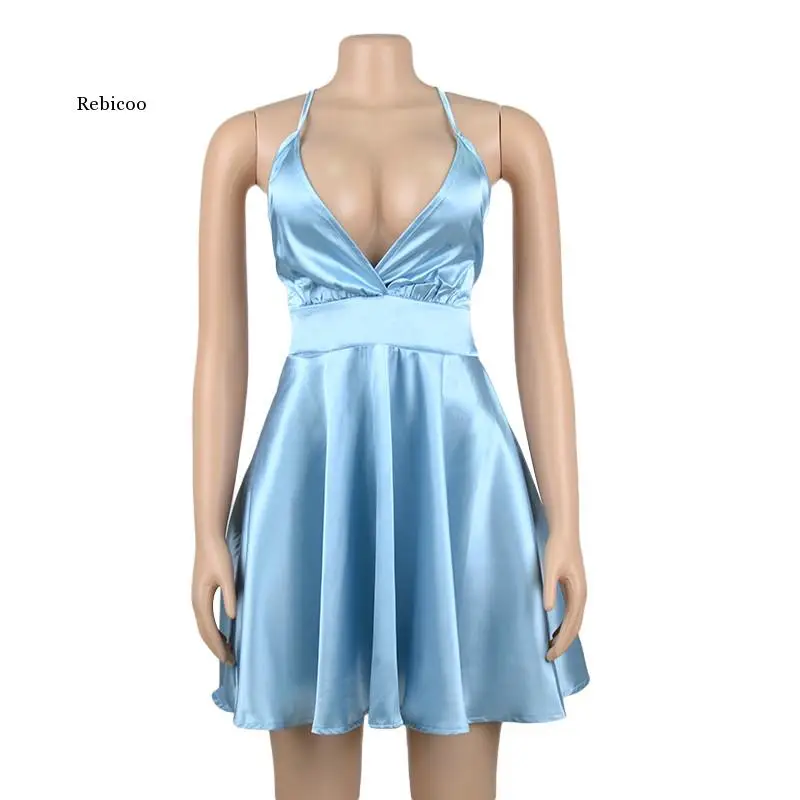 

Satin Sexy Backless Sleeveless Party Night Club Wrap Mini Dresses Spaghetti Straps Elegant Dress Solid Vestidos