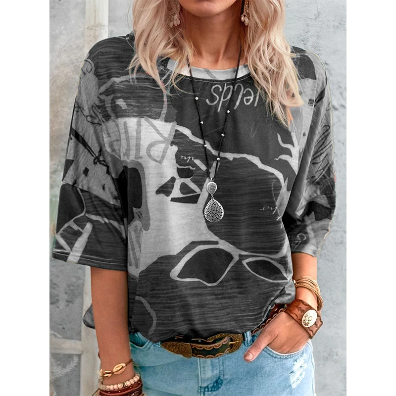 

2021 Women Fashion Trend O-neck Short Sleeve Tops Casual Print Pullover Casual Loose T-Shirt Top Pullover Plus Size Wholesale