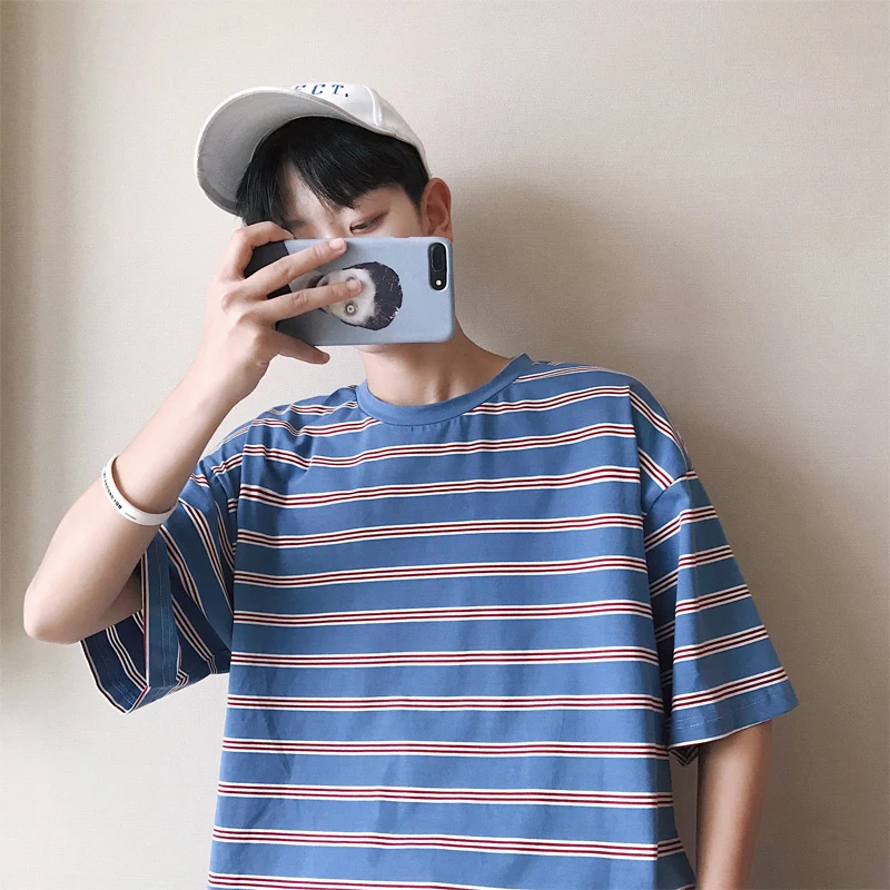 

Harajuku Korean Retro Striped T-Shirt Cotton Short Sleeves Unisex All-Match Clothes Funny Hip Hop Cool Youthful Japan Streetwear