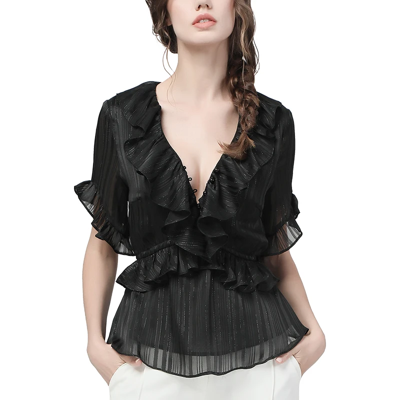 Блузка шифоновая женская с коротким рукавом и оборками черная в полоску