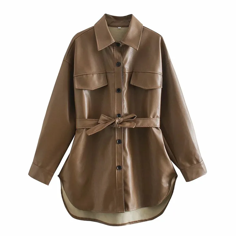 

Модная Осенняя Женская модная куртка Za кофейного цвета свободного кроя, женская Стильная верхняя одежда с двойными карманами и поясом