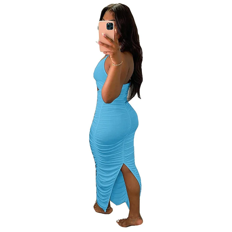 

CoffeehotPure color sling deep V backless sexy dress female 2021 summer new long skirt G7034