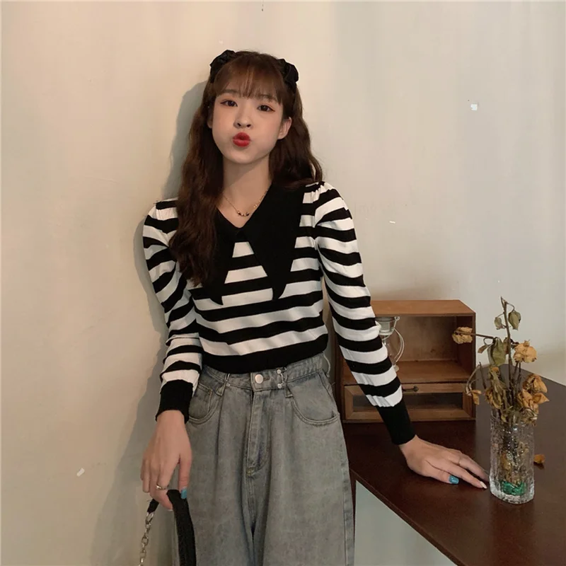 Женский трикотажный джемпер в полоску повседневный облегающий пуловер с
