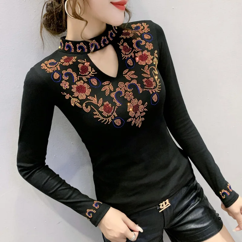 

New 2020 Autumn winter woman tshirts Fashion elegant slim v-neck women t-shirts Hot drilling Tops plus size mujer camisetas