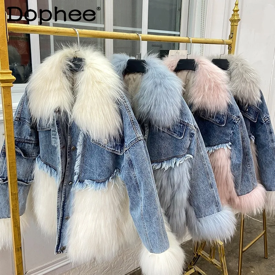 

2021 Winter Thicken Warm Coat Denim Stitching Loose Fur Parka Jacket Women Mid-Length Fur Overcoat Young Girls Faux Fox Fur Coat