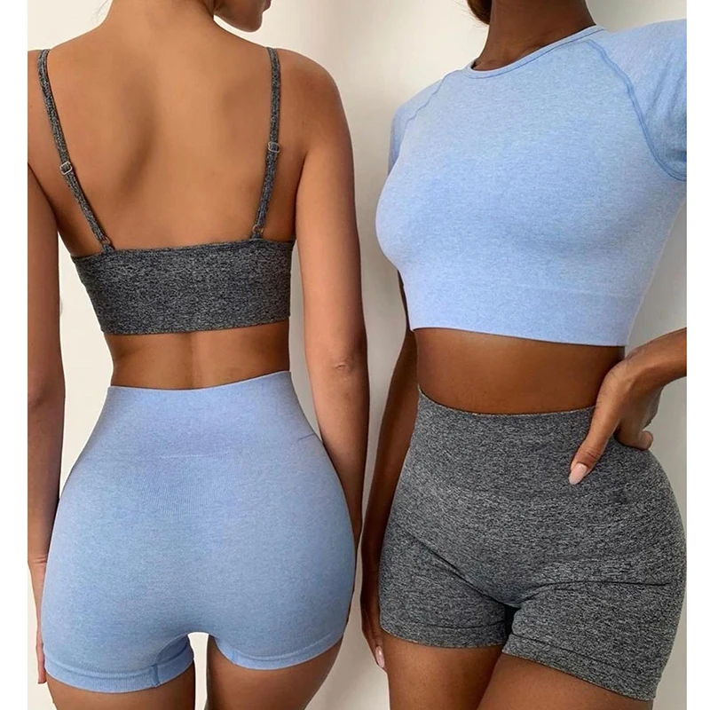 

Seamless Shorts Set For Women Summer Fitness Tracksuit Sport Shorts Casual Crop Top Tshirt Gym Bra High Waist Yoga Pants