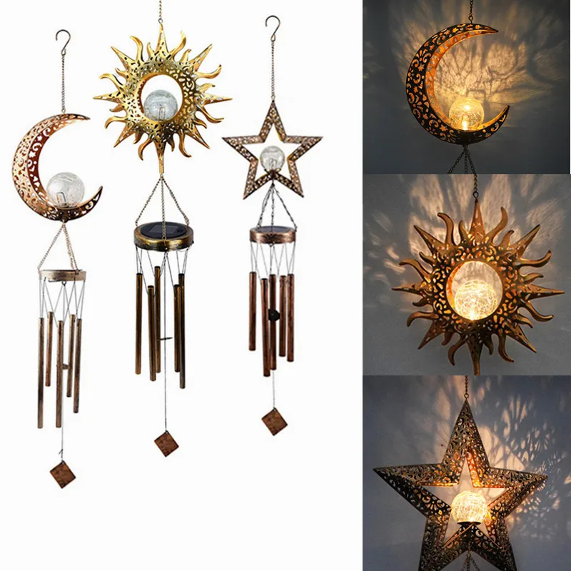 

Wind Chimes Solar Lights Outdoor Waterproof Hanging Aeolian Bells Solar Lamp With Moon Star Sun Shape For Party Garden Decor