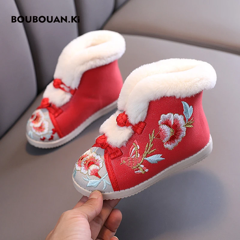

Cotton Shoes Woman Winter Baby Girl Cotton Indoor Warm Slippers Chinese Embroidery Embroidered Hanfu Shoes Kids Boots