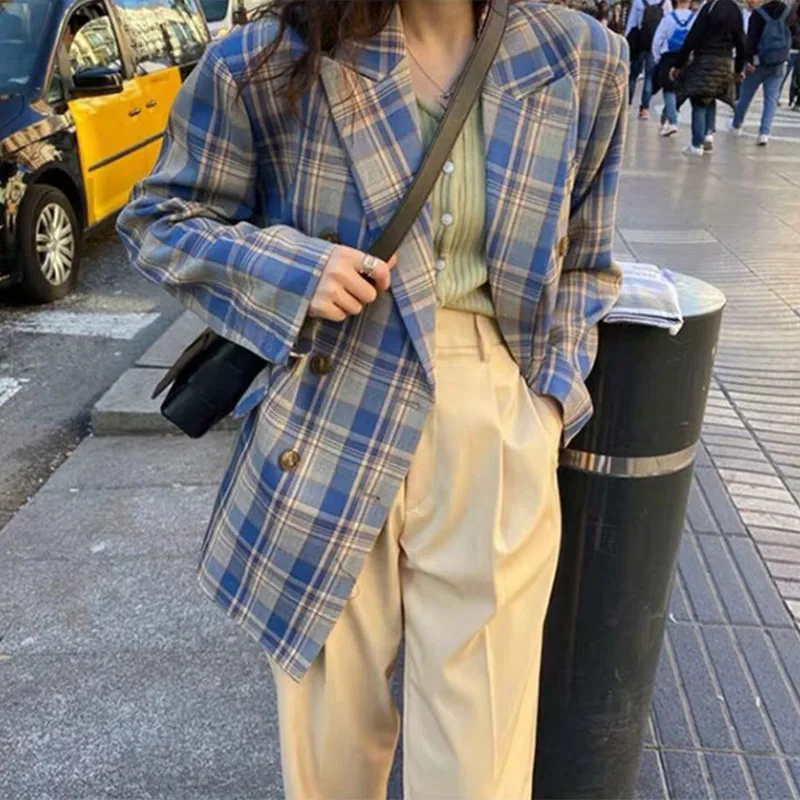 

Vintage Plaid Casual Double Breasted Women's Blazer Long Sleeve Turn Down Collar Female Suit Pop Autumn Stylish Ladie Blazers