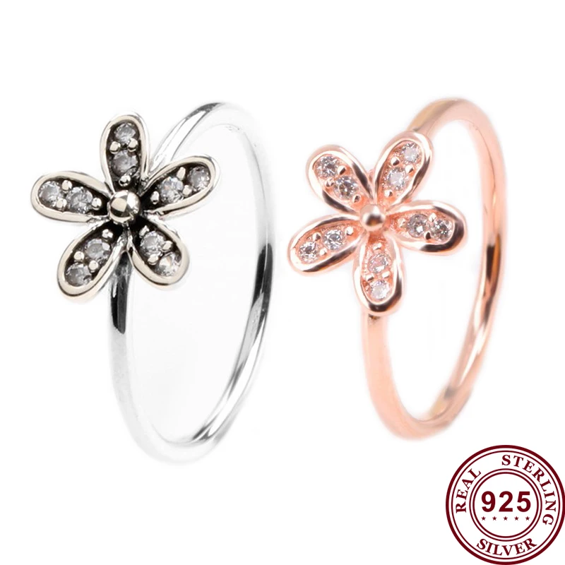

Original 925 кольцо Silver Pan Ring Shiny Rose Gold And Silver Daisy Pan Ring For Women Wedding Party Gift Fashion Jewelry