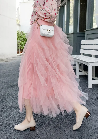 3-pink Женские Асимметричные тюлевые юбки, модная эластичная сетчатая юбка-пачка со складками, Длинная Юбка-миди Saias Faldas Jupe Femmle - Цвет: 3-pink