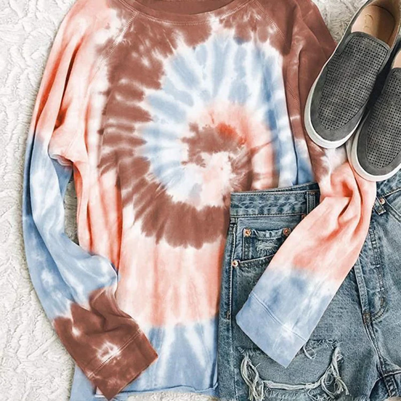 

Women Casual Colorful Tie-Dye Crewneck Long Sleeve Loose Pullover Sweatshirt Tops TC21