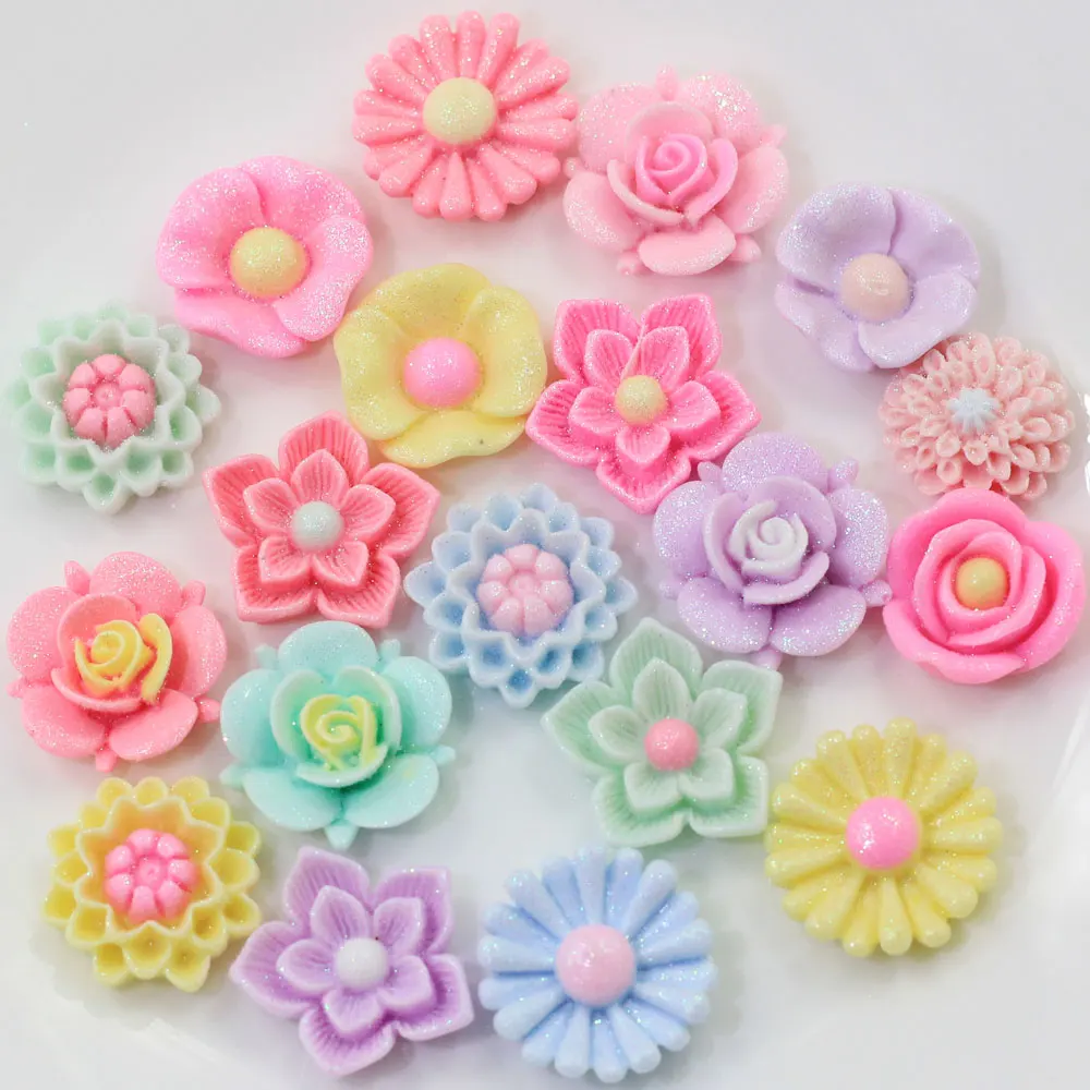 100/50 adet karışık tasarımlar sevimli Glitter reçine çiçek şekli FlatBack Cabochon DIY Scrapbooking Craft düğün dekorasyon