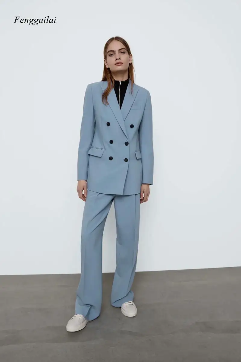 

2021 Solid Color European and American Style Women's Double Breasted Suit Coat and Trousers Set Commuting Wear Set