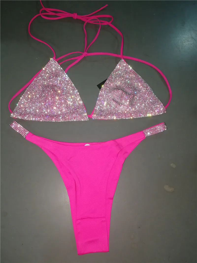 Luxury Rhinestone Bikini Sliver Set Crystal Diamond Sexy Women Swimsuit Halter Push Up Girls Swimwear Bikini Set White - Цвет: Rosered