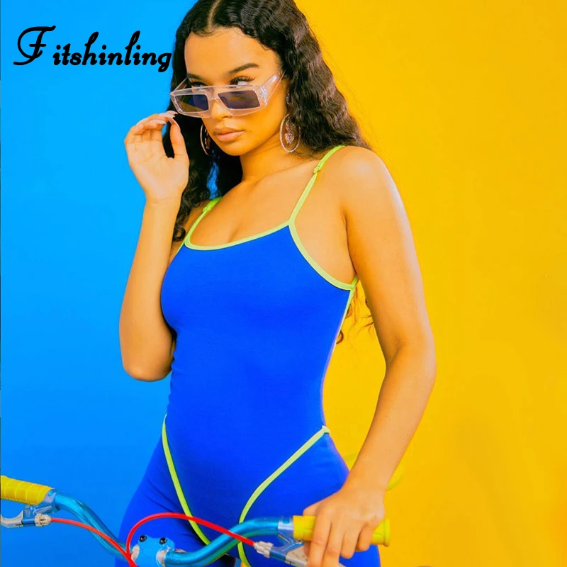 Женский комбинезон для фитнеса Fitshinling синий с открытой спиной на тонких лямках