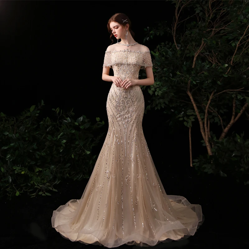

Jewel Collar 2020 Lurxury Evening Dresses Long Delicate Crystal Beaded Short Sleeves Mermaid Formal Evening Gowns