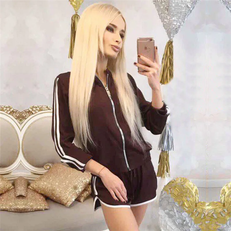 

New Women sportswear Fitness Two Pieces Sets 2021 Autumn Sleeve Zipper Sweatshirts Top And Sport Shorts Suits