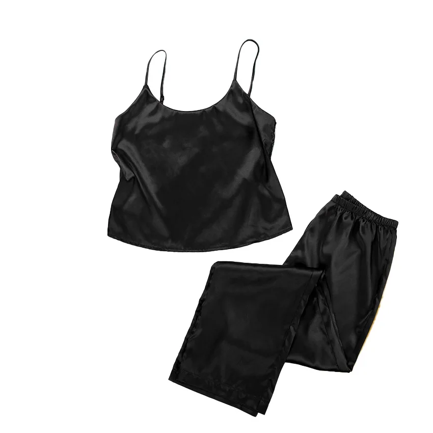 Women Satin Pajamas Sexy Lace at the Back Spaghetti Strap and Shorts&Long Pants Multiple Color Sleepwear Ladies Homewear