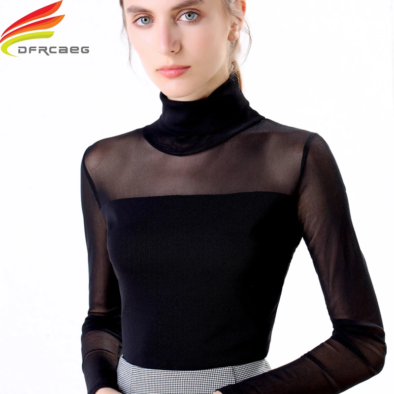 Осень-зима 2019 водолазка с длинными рукавами блузка белая или черная сетка