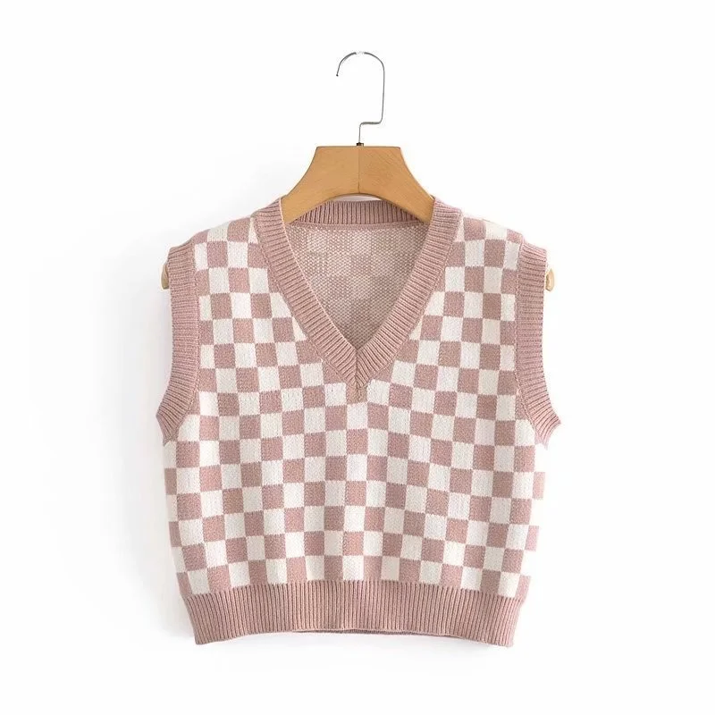 

Plaid Print Crop Vest Casual Fashion Vintage Preppy Style Vests 2021 Streetwear Autumn Winter Y2k Sleeveless Knitted Women Vest