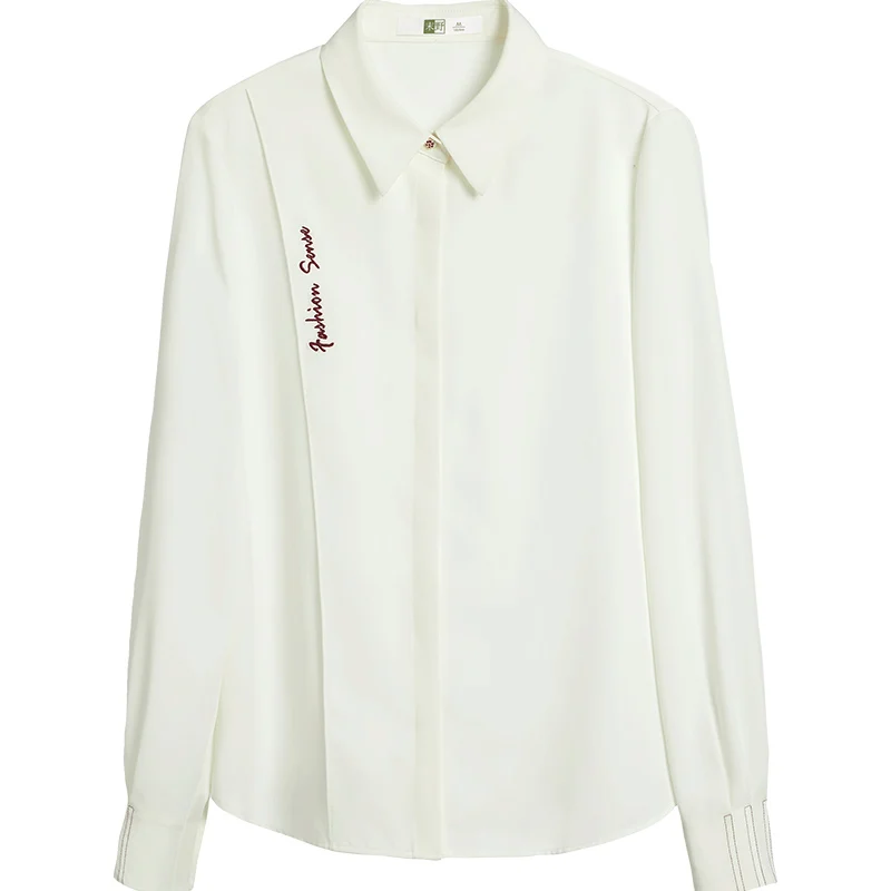 

Women's Shirt 2021 Early Spring New Design Sense Non-mainstream White Office Chiffon Long Sleeve Top Embroidery Ol Blouse