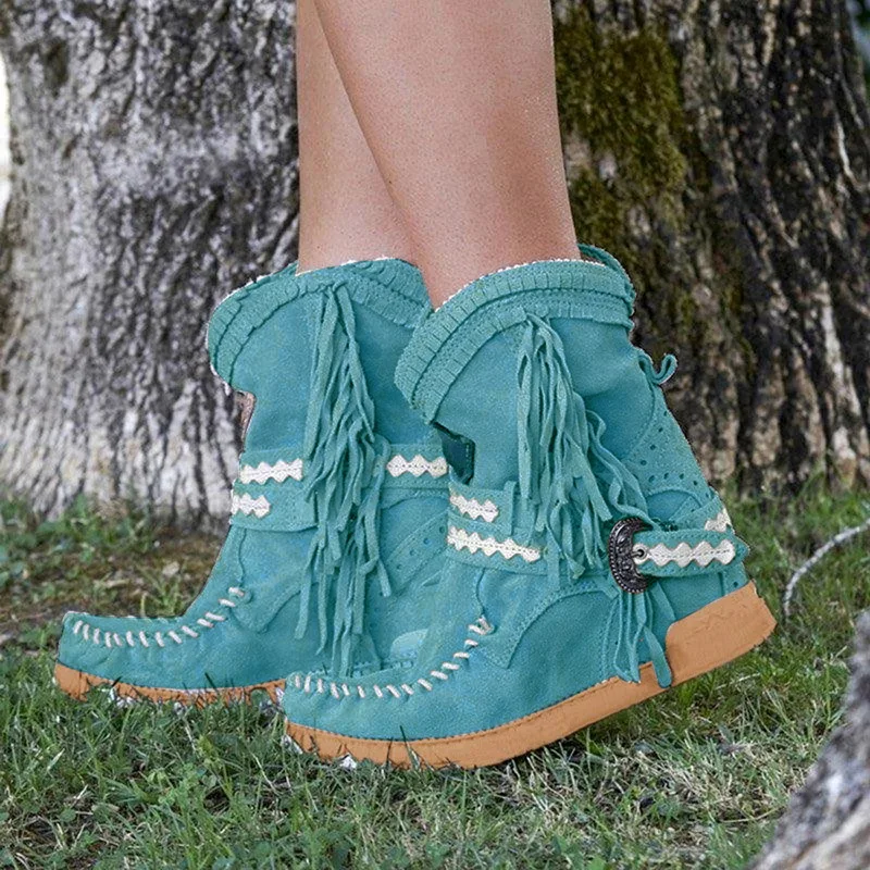 Fringe Middle Boots Women Sexy Tassel Boots Fashion Buckle Motorcycle Boots Flat Heel Boot Women Cowboy Style Bota Feminina