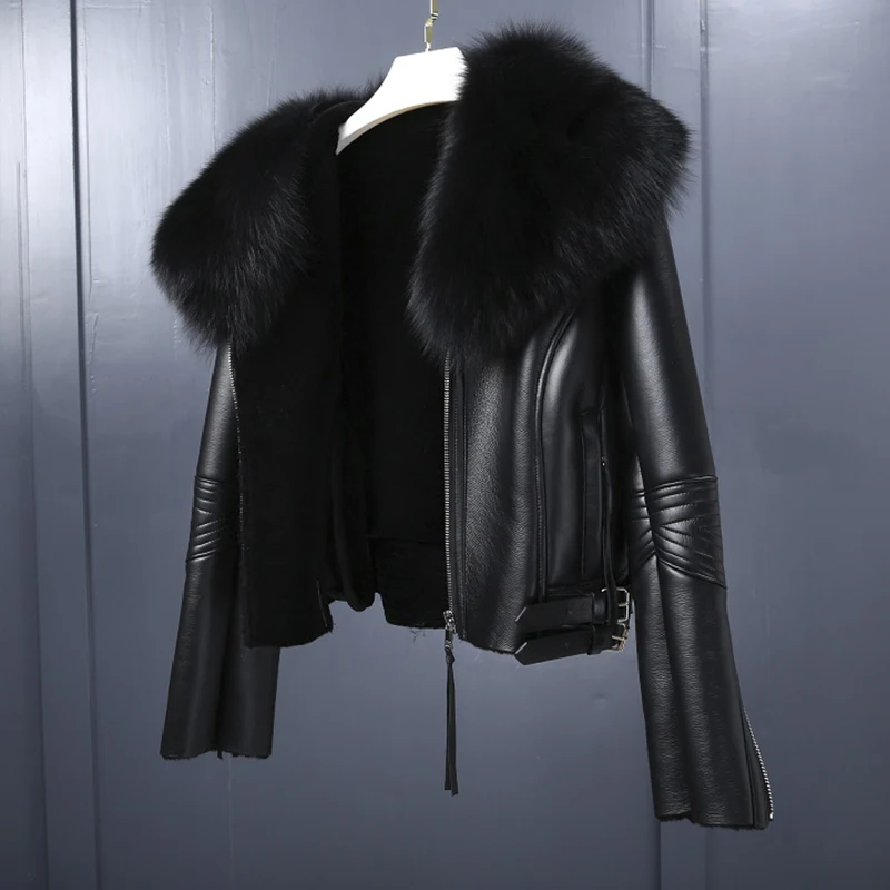 LAVELACHE Women Winter Real Fur Coat Genuine Sheepskin Leather Jacket Whole Skin Large Real Fox Fur Collar Fashion Outerwear