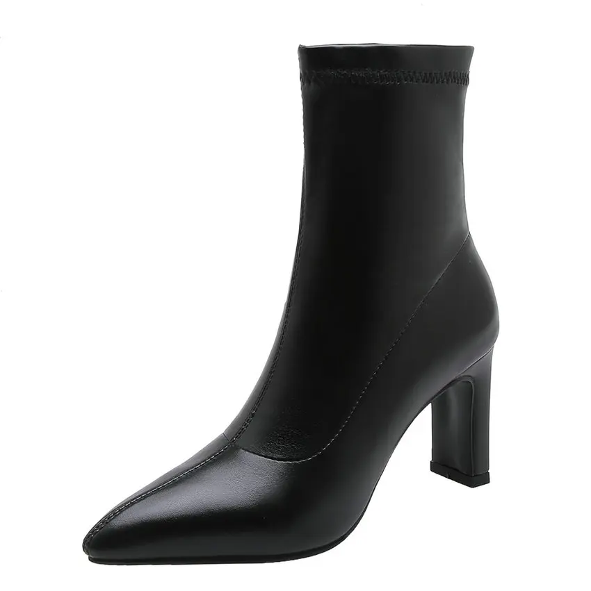 Black Leather QUTAA/ г.; элегантная женская обувь без застежки из флока; повседневные ботильоны с острым носком на высоком каблуке; сезон осень-зима; большие размеры 34-43 - Цвет: Black Leather