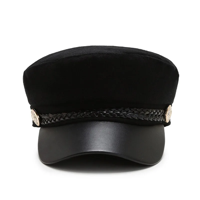 

Fashion Black Hat Winter Cap Wool Hat Women Button Cap Casual Street Wear Rope Painter Hat Flat Cap Elegant Solid Autumn