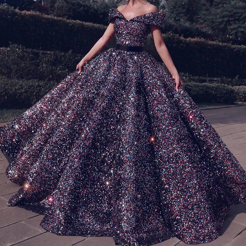 

Custom strapless color sequins and floor ball evening dress fluffy mixed color banquet performance dress