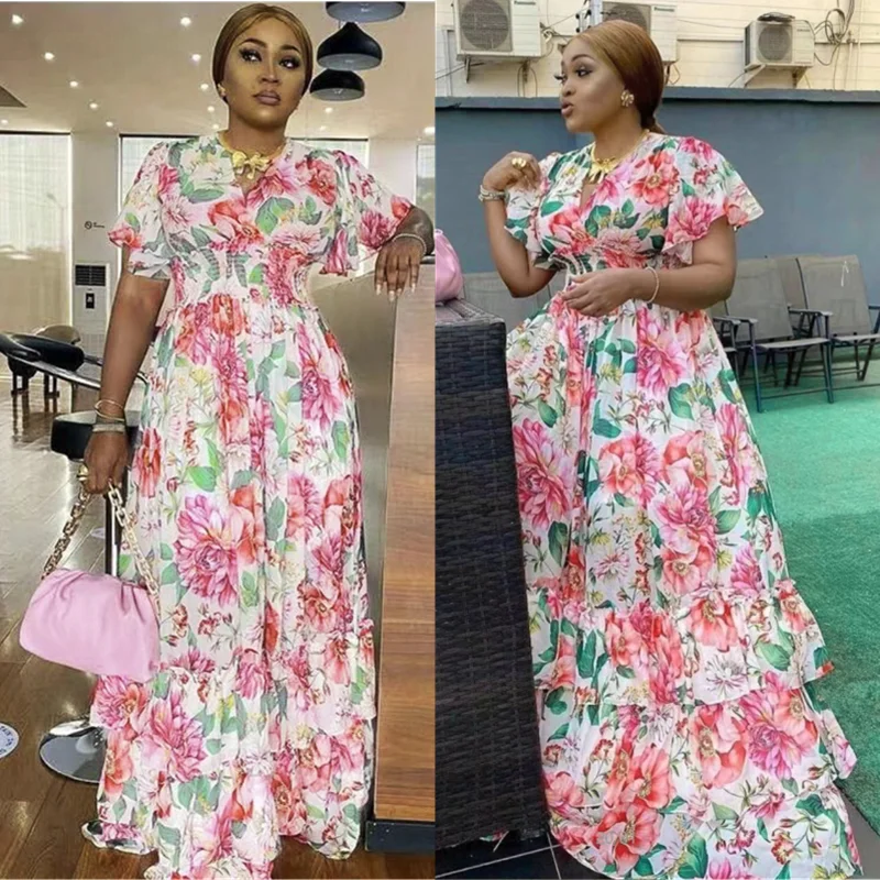 

Women Dresses Summer 2021 Sexy V Neck Floral Print Boho Beach Dress Ruffle Short Sleeve A Line Long Dress African Sundress Robe