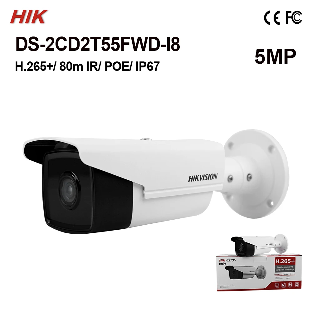 Оригинальная цилиндрическая сетевая камера Hik 5 МП H.265 + ИК обнаружение лица 80 м 128