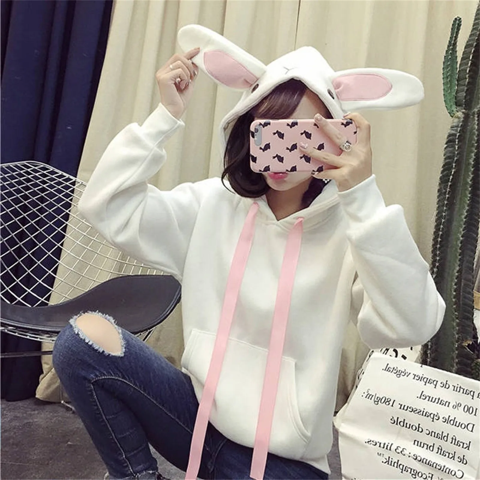 

2021 Модные женские толстовки Kawaii с заячьими ушками, толстовка с капюшоном, длинный рукав, Свободный свитшот, Осень-зима, женские толстовки