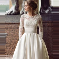modest long sleeves wedding dress 2020 scoop satin appliqued a line bridal gown with vestidos bags de novia robe mariee
